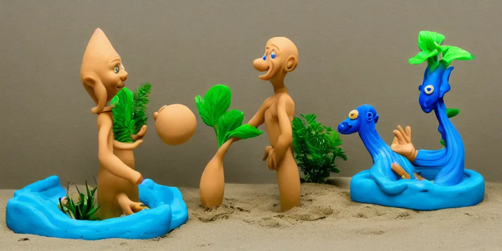 Prompt: plasticine model in water. siamese fighting fish. clay figure. tropical fish tank with sand. astrix and obelisk. tintin. hands. wallace and gromit. figures clay. aquatic photography.