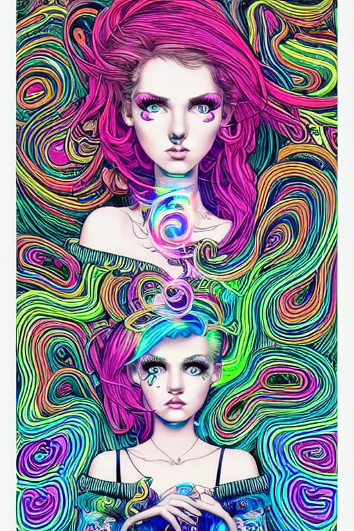 Image similar to a award winning portrait of a beautiful woman with stunning eyes in a one off shoulder croptop and cargo pants with rainbow colored hair, outlined by whirling illuminated neon lines and fine lines swirling in circles by joe fenton, digital art, trending on artstation