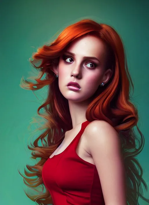 Image similar to full body portrait of teenage cheryl blossom, bangs, green eyes, mischievous expression, red hair, sultry smirk, bangs and wavy hair, intricate, elegant, glowing lights, highly detailed, digital painting, artstation, concept art, smooth, sharp focus, illustration, art by wlop, mars ravelo and greg rutkowski