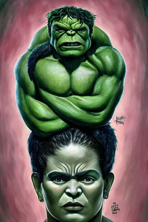 Image similar to ultra detailed incredible hulk portrait in the style of Frida Kahlo