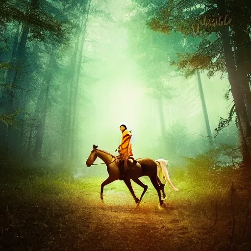 Prompt: arrows struck astronaut riding a horse in a fantasy forest, landscape, morning ambience, cinematic, digital art, front lit, epic, cinematic