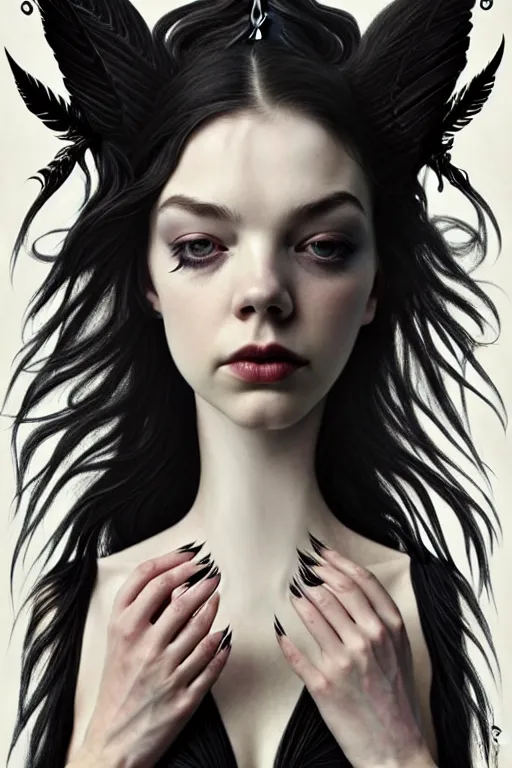 Image similar to symmetry!! jennifer connely mixed with anya taylor - joy as dark fae, black feathers instead of hair, feathers growing out of skin, shapeshifting, long black cloak, intricate, elegant, highly detailed, my rendition, digital painting, artstation, concept art, smooth, sharp focus, illustration, art by artgerm and greg rutkowski and alphonse mucha