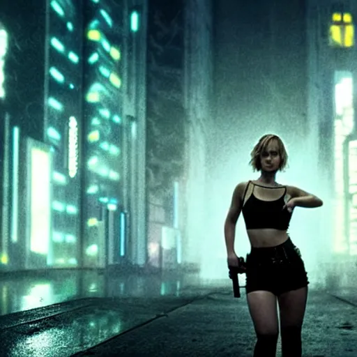 Prompt: jennifer lawrence in a cyberpunk movie in a distopic futuristic city in the style of bladerunner, wearing a cropped v - neck black tank top, sexy black shorts and black boots, firing a gun, muzzle flash, movie still, highly detailed, rainy night, volumetric lights, studio lighting, intense, scifi, sharp focus