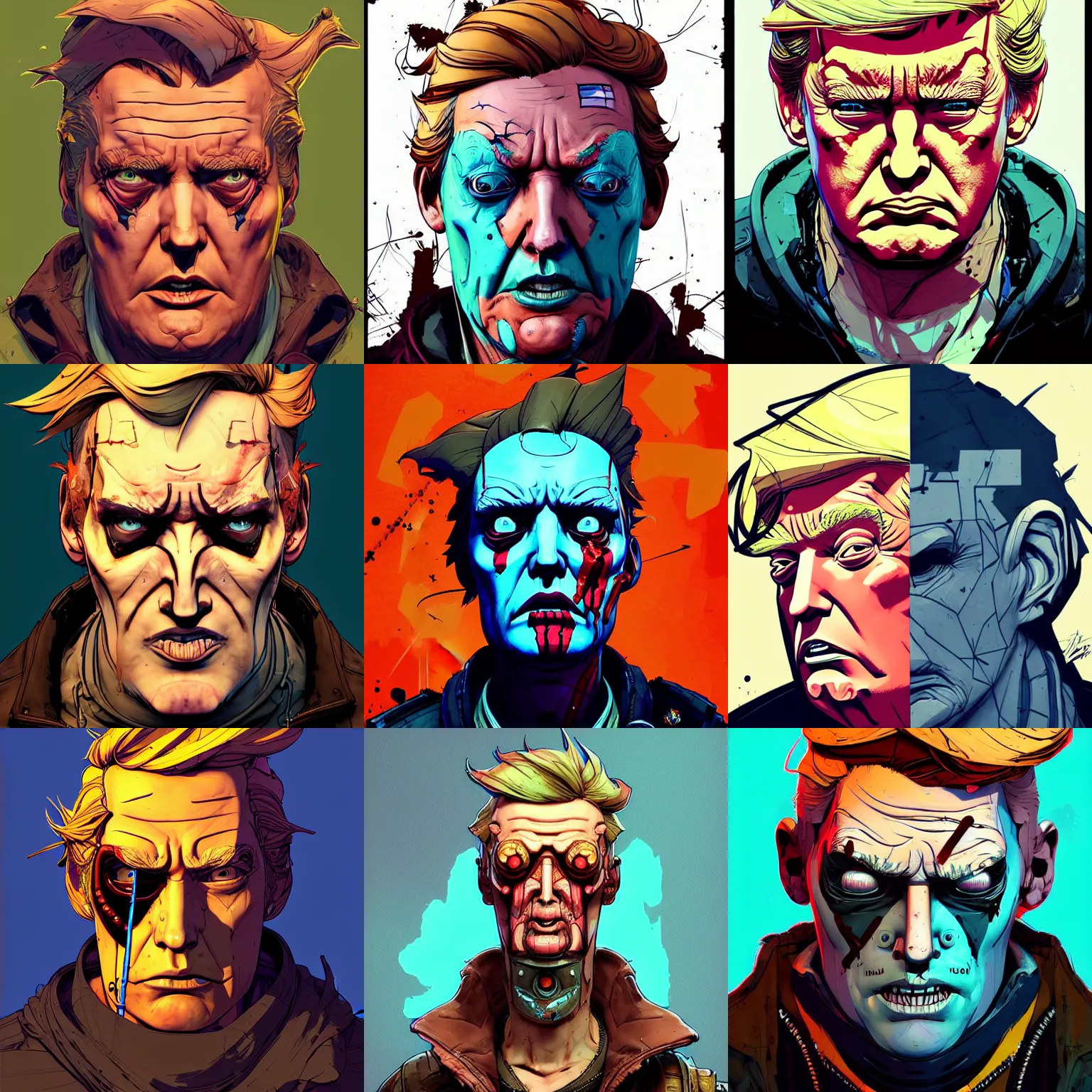 Prompt: asthetics! pretty! cell shaded head portrait of donald trump as Borderlands 3 concept art, llustration, postapocalyptic grunge, concept art by josan gonzales and wlop, by james jean, Victo ngai, David Rubín, Mike Mignola, Laurie Greasley, highly detailed, sharp focus,alien,Trending on Artstation, HQ, deviantart, art by artgem