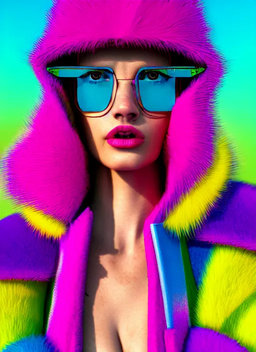 Prompt: stylish coat for a rave, bright colors, many details, prints, photo for a magazine, photo for a store, fashion photography, Vogue, 135 mm, cinematic, hyper realism, high detail, octane render, 8k, chrome accents, very coherent symmetrical artwork, perfect face model, full length photo, Upper and lower body, light skin tone