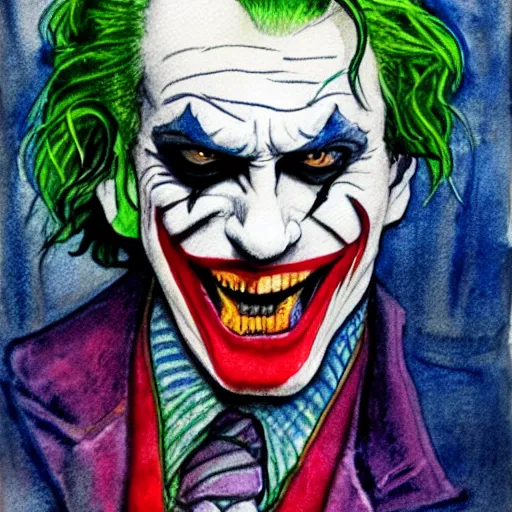 Image similar to the joker watercolor drawing, in the style of greg rutowski, hyper detailed