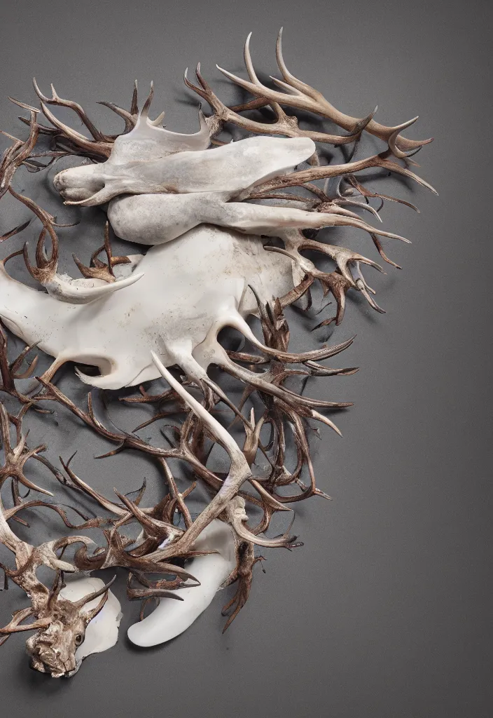 Prompt: delicate animal innards, antlers white bones ,melted wax, sharp slate. complementary color scheme. national geographic. 8k, rendered in octane, smooth gradients. narwhal