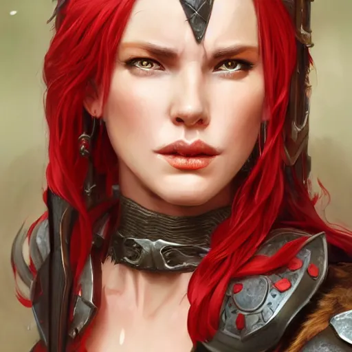 Image similar to fantasy portrait of a middle aged beautiful female barbarian warrior with red hair , made by Stanley Artgerm Lau, WLOP, Rossdraws, ArtStation, CGSociety, concept art, cgsociety, octane render, trending on artstation, artstationHD, artstationHQ, unreal engine, 4k, 8k,