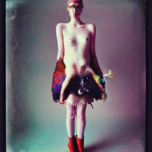 Image similar to kodak portra 4 0 0, wetplate, photo of a surreal artsy dream scene,, girl, weird fashion, grotesque, extravagant dress, carneval, animal, wtf, photographed by paolo roversi style