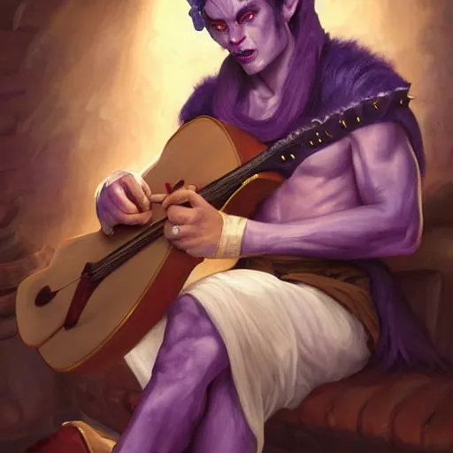 Prompt: portrait of a male tiefling with purple skin with curled horns, looking like James Dean, playing the lute in a crowded tavern, warm lighting, D&D, fantasy, intricate, elegant, highly detailed, digital painting, artstation, concept art, smooth, sharp focus, illustration, art by artgerm and greg rutkowski and alphonse mucha