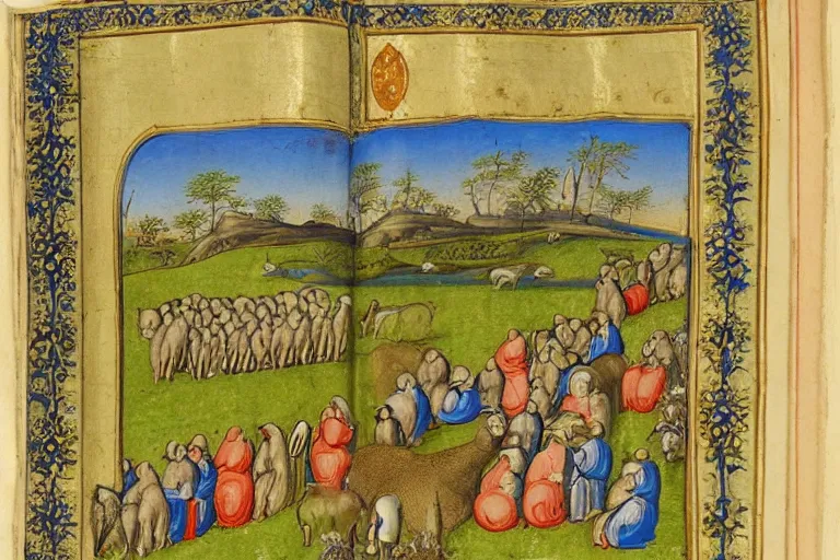 Image similar to medieval illuminated manuscript bible page depicting a tranquil pastoral landscape with sheep