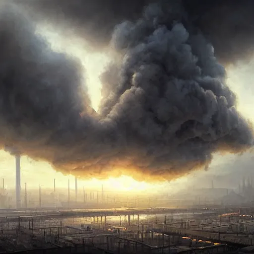 Prompt: a painting of a factory with smoke pouring out of it, a detailed matte painting by jonas de ro, cgsociety, nuclear art, dystopian art, apocalypse art, apocalypse landscape