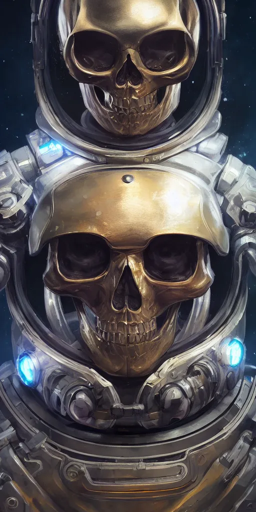 Image similar to close up portrait of a metallic skull inside of a space suit, extremely detailed digital painting, in the style of fenghua zhong and ruan jia and jeremy lipking and peter mohrbacher, mystical colors, rim light, beautiful lighting, 8 k, stunning scene, raytracing, octane, trending on artstation