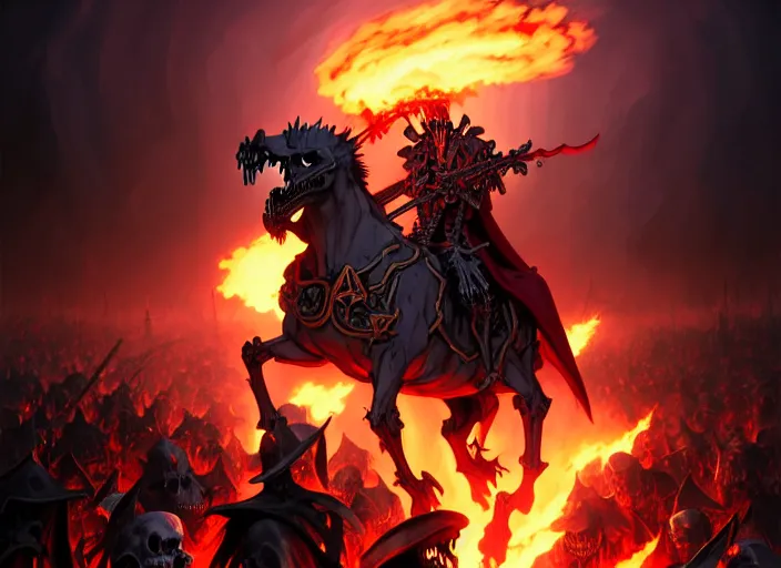 Image similar to ainz ooal gown leading his undead army to battle riding a flaming skeleton horse, skeleton soldiers in background, highly detailed, deep focus, elegant, artstation, digital painting, smooth, sharp focus, illustration, ultra realistic, 8 k, art by artgerm and greg rutkowski and alphonse mucha