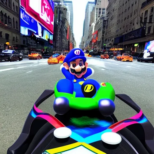 Prompt: mario kart in new york, real life