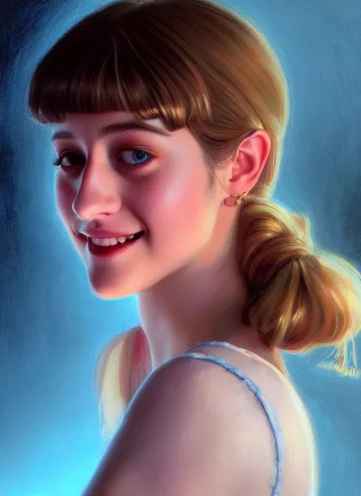 Image similar to portrait of teenage lili reinhart with bangs, smiling kindly, bangs, 1 9 6 0 s, ponytail, bangs and ponytail, intricate, elegant, glowing lights, highly detailed, digital painting, artstation, concept art, smooth, sharp focus, illustration, art by wlop, mars ravelo and greg rutkowski