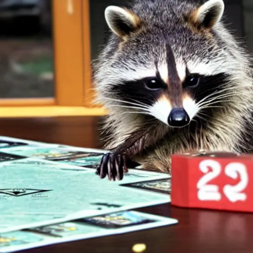 Prompt: a detailed photo of two raccoons playing monopoly