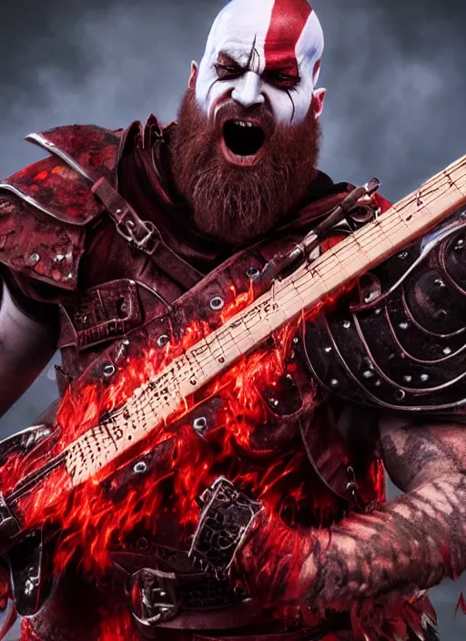 Image similar to red face paint armored screaming kratos rocking out on a flaming stratocaster guitar, cinematic render, god of war 2 0 1 8, playstation studios official media, lightning, flames, left eye red stripe, red left eye stripe, left eye red stripe, red left eye stripe, clear, coherent