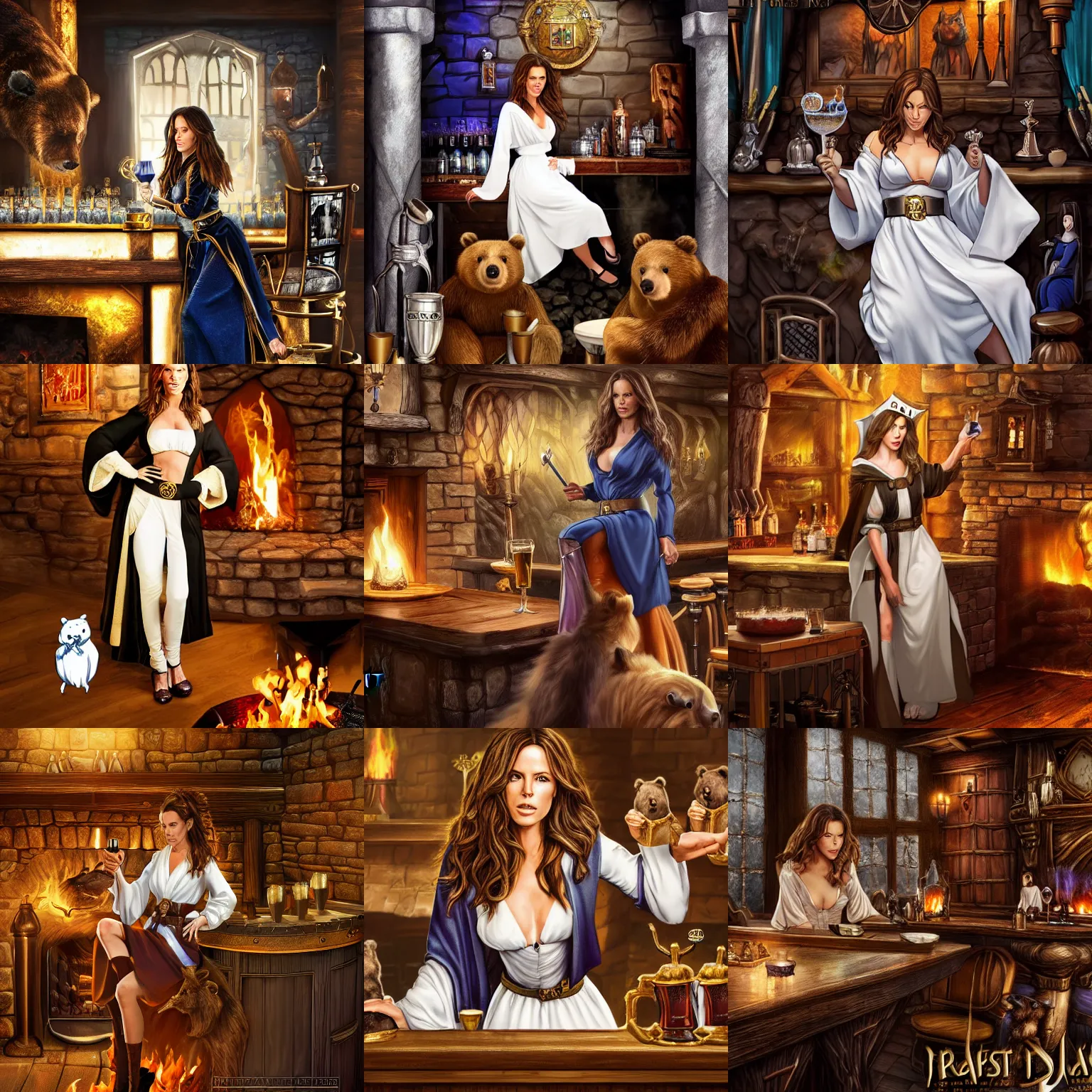 Prompt: kate beckinsale weared in priest white and gold robe and nimbus, sit in fantasy tavern near fireplace, behind bar deck with bear mugs, medieval dnd, colorfull digital fantasy art, 4k