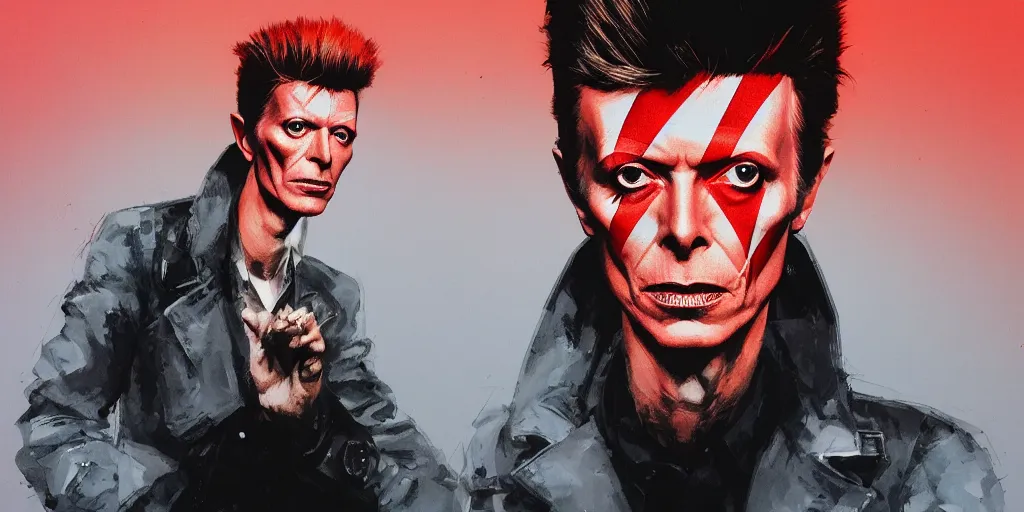 Prompt: David Bowie BBC live portrait, kim jung gi style, Greg Rutkowski, Zabrocki, Karlkka, Jayison Devadas, trending on Artstation, 8K, ultra wide angle, zenith view, pincushion lens effect