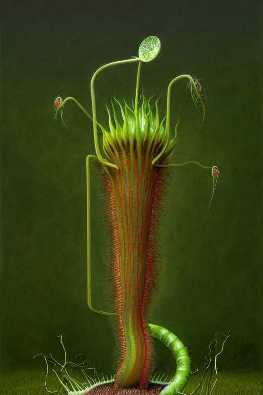 Image similar to a hyperrealistic painting of a guy caught in a venus flytrap carnivorous plant tundra, by john kenn mortensen and zdzislaw beksinski, highly detailed, vivid color,