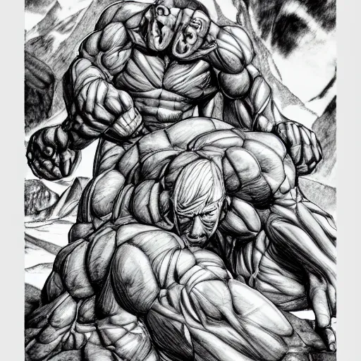 Prompt: a crawling mountain of muscles, highly detailed, manga, award winning pictures, by studio mappa, by studio wit