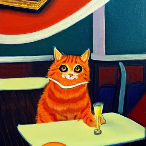 Prompt: painting of a Longhair orange cat sitting at a diner.