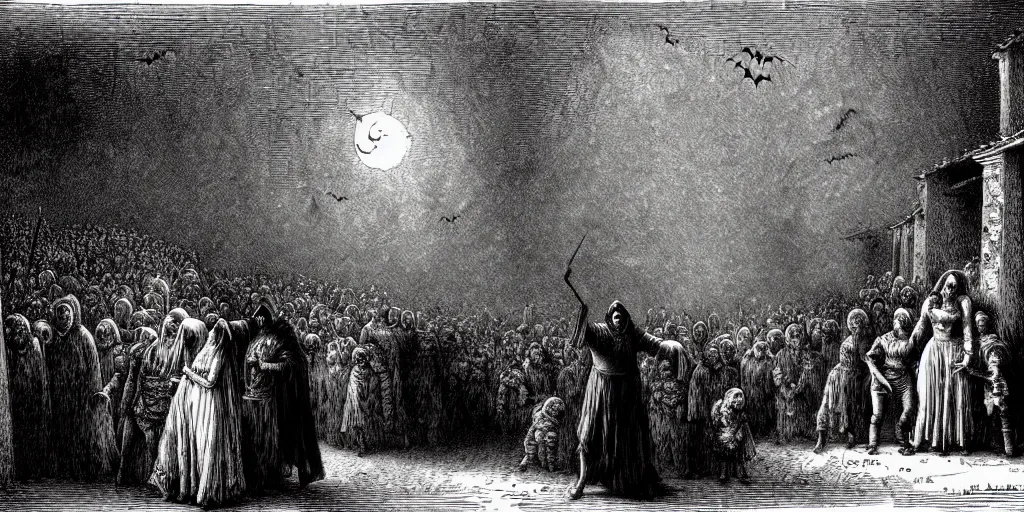 Prompt: peasant halloween party in tuscany, creepy atmosphere, illustration by Gustave Doré