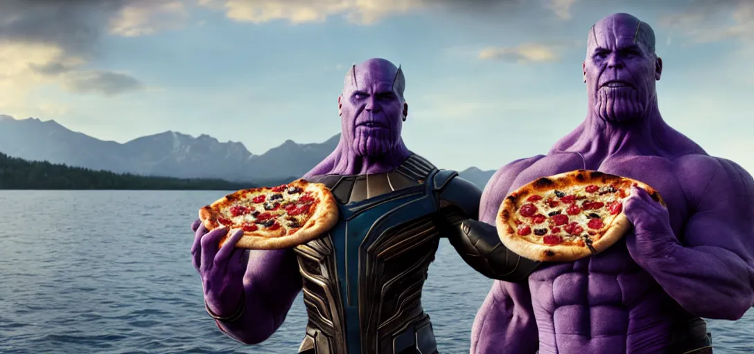 Image similar to a very high resolution image from a new movie. thanos eating pizza on a lake, photorealistic, photography, directed by wes anderson