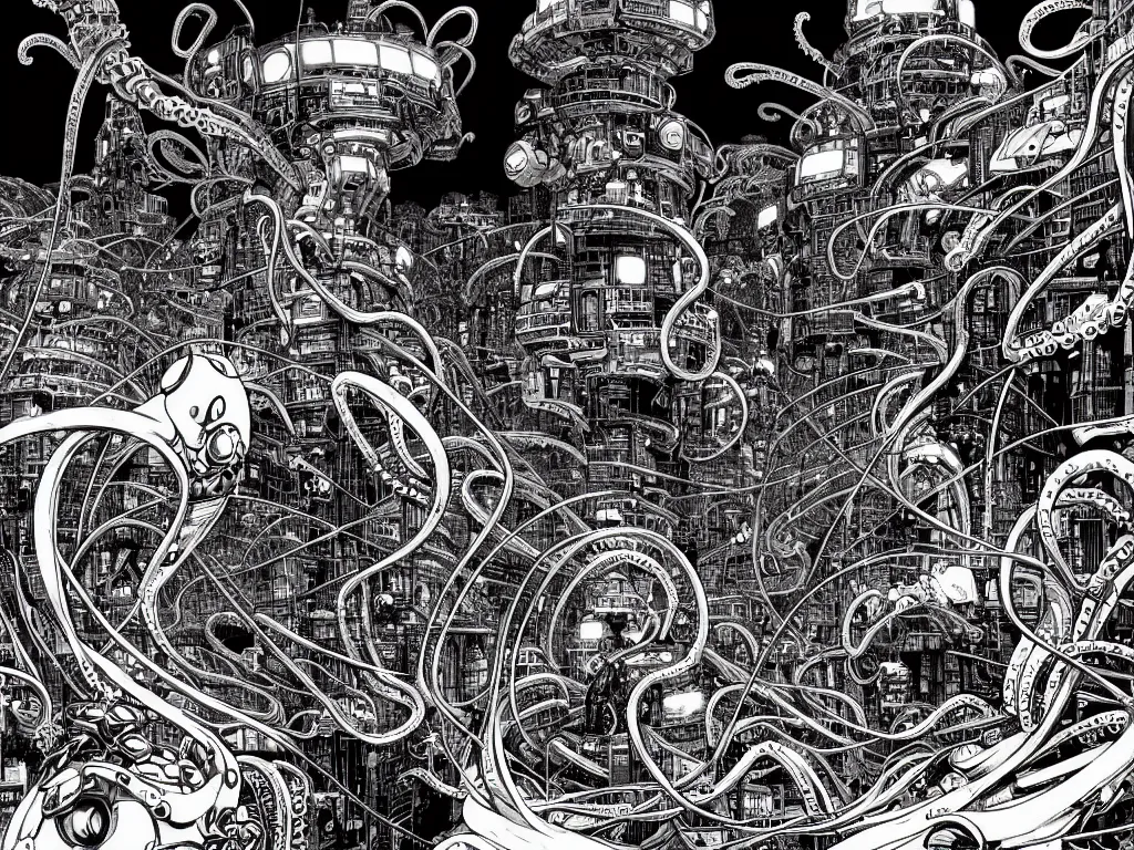 Image similar to cyborg monsters with tentacles and wires in detailed huge cybernetic mega city in space, black and white, by nihei tsutomu