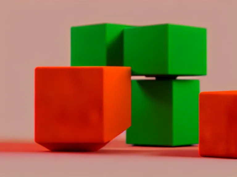 Image similar to a 3 d render of a stack of green cubes on the left and an orange ball on the right in a red room, blender, ue 5, octane render, trending on artstation