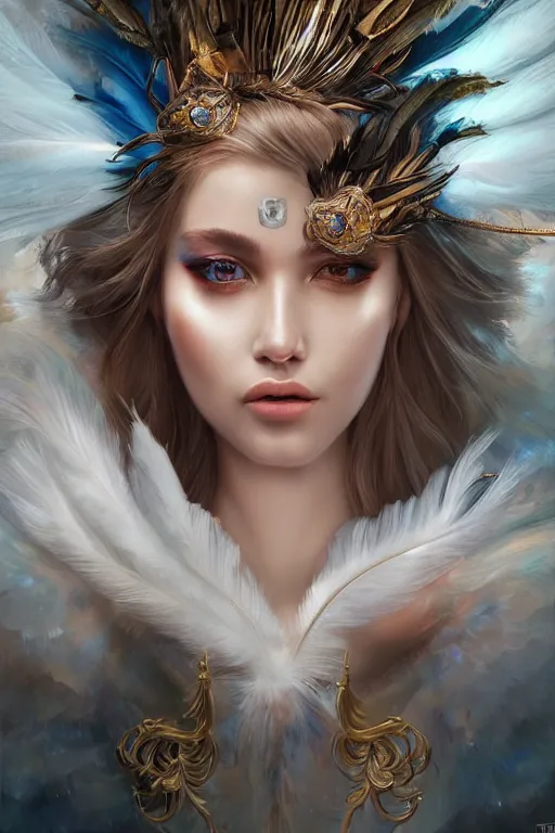 Prompt: face closeup of a beautiful model wearing feather mask, casting magic spell holding diamonds, angel, fantasy, dramatic lighting, highly detailed, digital painting, holding electricity, magic the gathering, hyper detailed, 3 d render, hyper realistic detailed portrait, peter mohrbacher, wlop, ruan jia