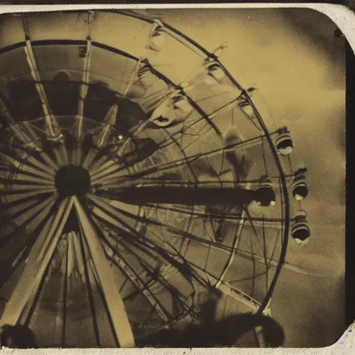 Prompt: tintype photo, Ferris wheel, a squid, underwater, jellyfish
