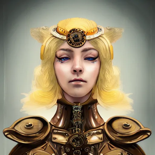 Prompt: a pretty blond steampunk seraphim in the middle of a machine city, perfect symmetrical face, cute face, 8 k, shallow depth of field, 8 k, ultra high detail, concept art, w 1 0 2 4