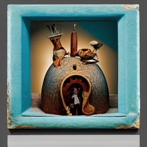 Image similar to a three color offset photography of single surrealist object on display, anthropology of wonder, ( ( ( surrealism ) ) ), exotic artifacts, colonial expedition, exhibition, 6 0 s style