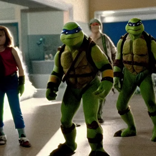 Image similar to movie still of Teenage Mutant Ninja Turtles in The Shining