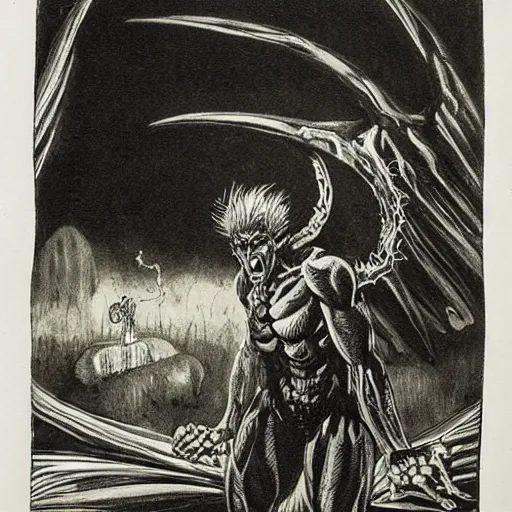 Prompt: Print. a large, muscular demon-like creature with wings, standing in a dark, hellish landscape. The creature has red eyes and sharp teeth, and is holding a large sword in one hand. Eraserhead by Norman Lindsay, by David Wiesner eclectic