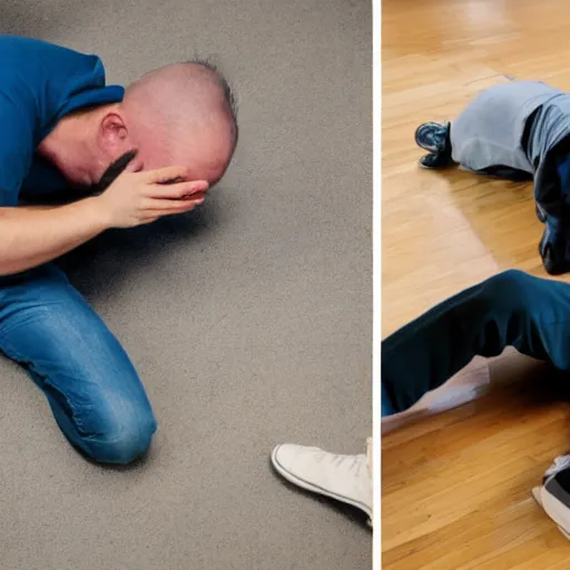 Image similar to photo of a man on the floor with a broken back, and another man on the floor vomiting all over himself