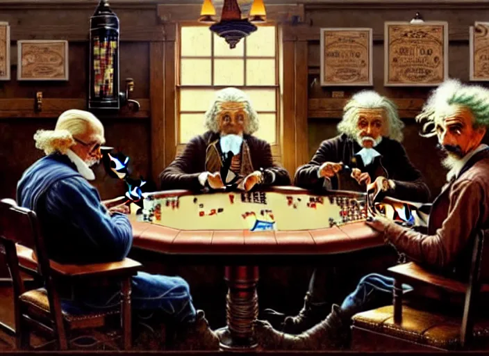 Prompt: in an old west saloon isaac newton and stephen hawkins and albert einstein playing poker, intricate, highly detailed, centered, digital painting, artstation, concept art, smooth, illustration, muted colors, art by norman rockwell and greg rutkowski and james gurney chuck close