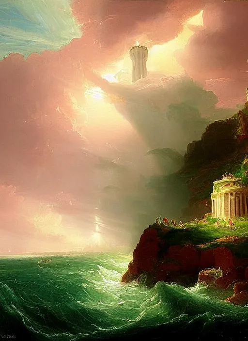 Image similar to a delicate ornate white fantasy tower with pink and green decoration splashes upwards from a turbulent ocean, dramatic lighting, rich colors, beautiful painting by Thomas Cole