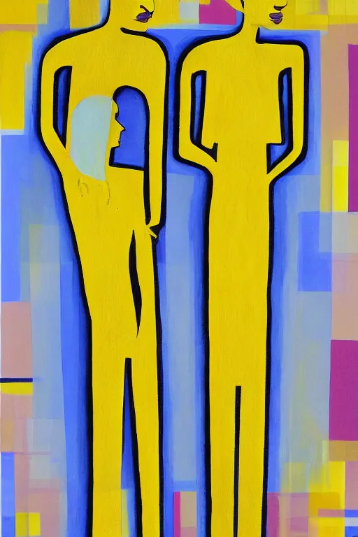 Image similar to neo cubistic painting of two tall figures, sandy yellow muted colors, in the style of Jessalyn Brooks