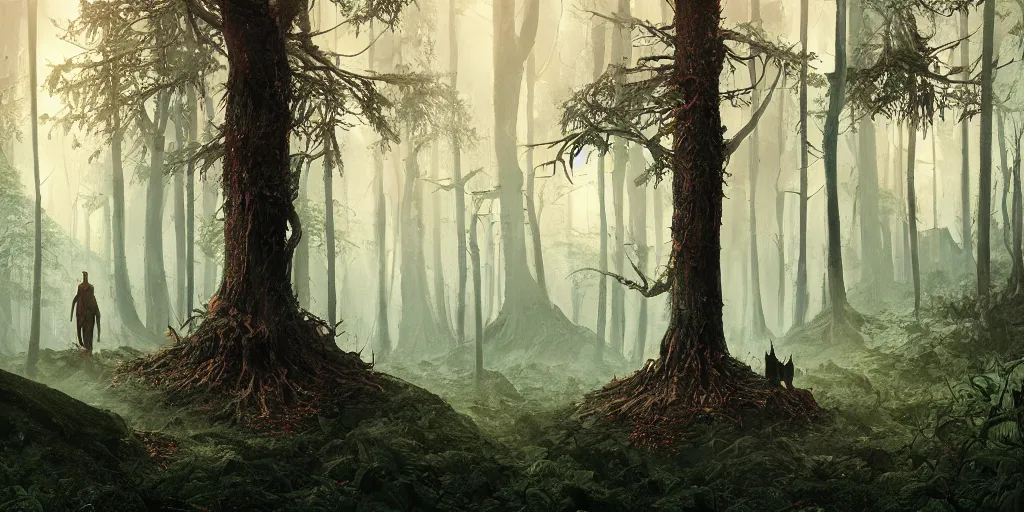 Image similar to Artwork by Filip Hodas of the cinematic view of the Forest of Horror.