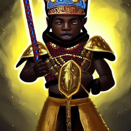 Image similar to a young black boy dressed like an african moorish warrior, wearing golden armor and a crown with a ruby and a black diamond in his forehead, posing with a very ornate glowing electric spear!!!!!!!!, for honor character digital illustration portrait design, by android jones in a psychedelic fantasy style, dramatic lighting, hero pose, wide angle dynamic portrait