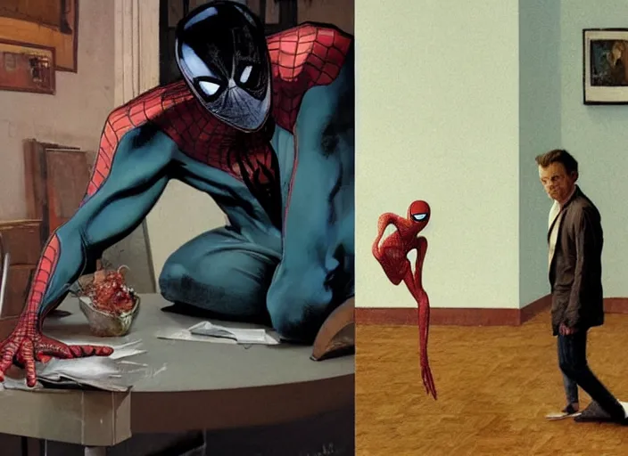 Prompt: a still from spiderman homecoming by francis bacon, surreal, norman rockwell and james jean, greg hildebrandt, triadic color scheme, by greg rutkowski, in the style of francis bacon and edward hopper and beksinski, dark surrealism, grand theft auto video game, a still from the film alien