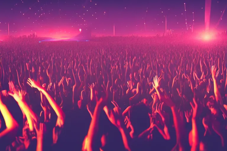 Image similar to crowd partying with their hands up at a festival, silhouette, light beams, digital art, trending on artstation, 4k, unreal engine, intricate, ornate