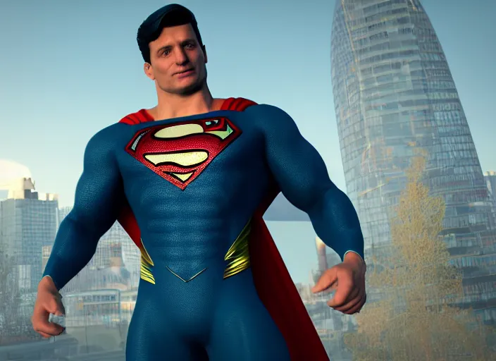 Image similar to zelensky fused with superman, ultra realistic 4 k unreal engine very cinematic render with ray tracing bloom ambient occlusion strong reflections
