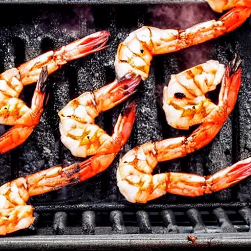 Prompt: shrimp that was left on the grill way too long, burning shrimp, thick smoke, black smoke, grill, flames, overcooked shrimp