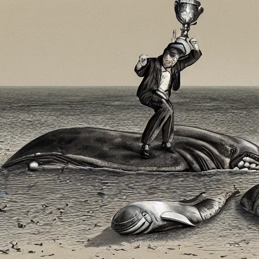 Image similar to highly detailed photo of a midget golfer standing on a beached whale. the crowd is cheering him as he lifts the trophy. highly detailed render, photorealistic, concept art, sfx