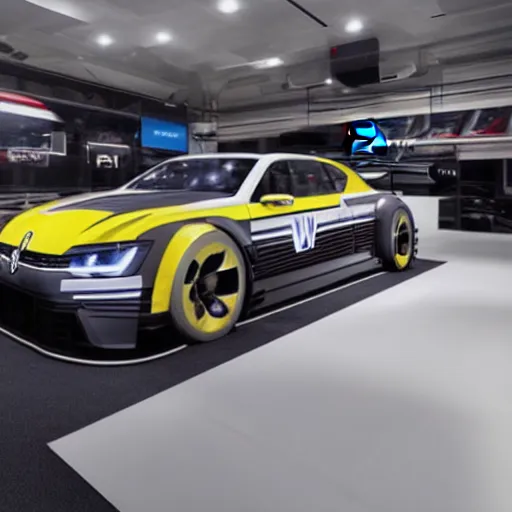 Image similar to a volkswagen concept racecar with agressive design in a showroom