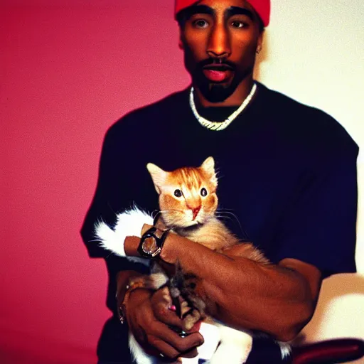 Prompt: 1 5 mm wide - angle lens photo of tupac in 1 9 9 0 new york holding a kitten up to the camera, 4 k